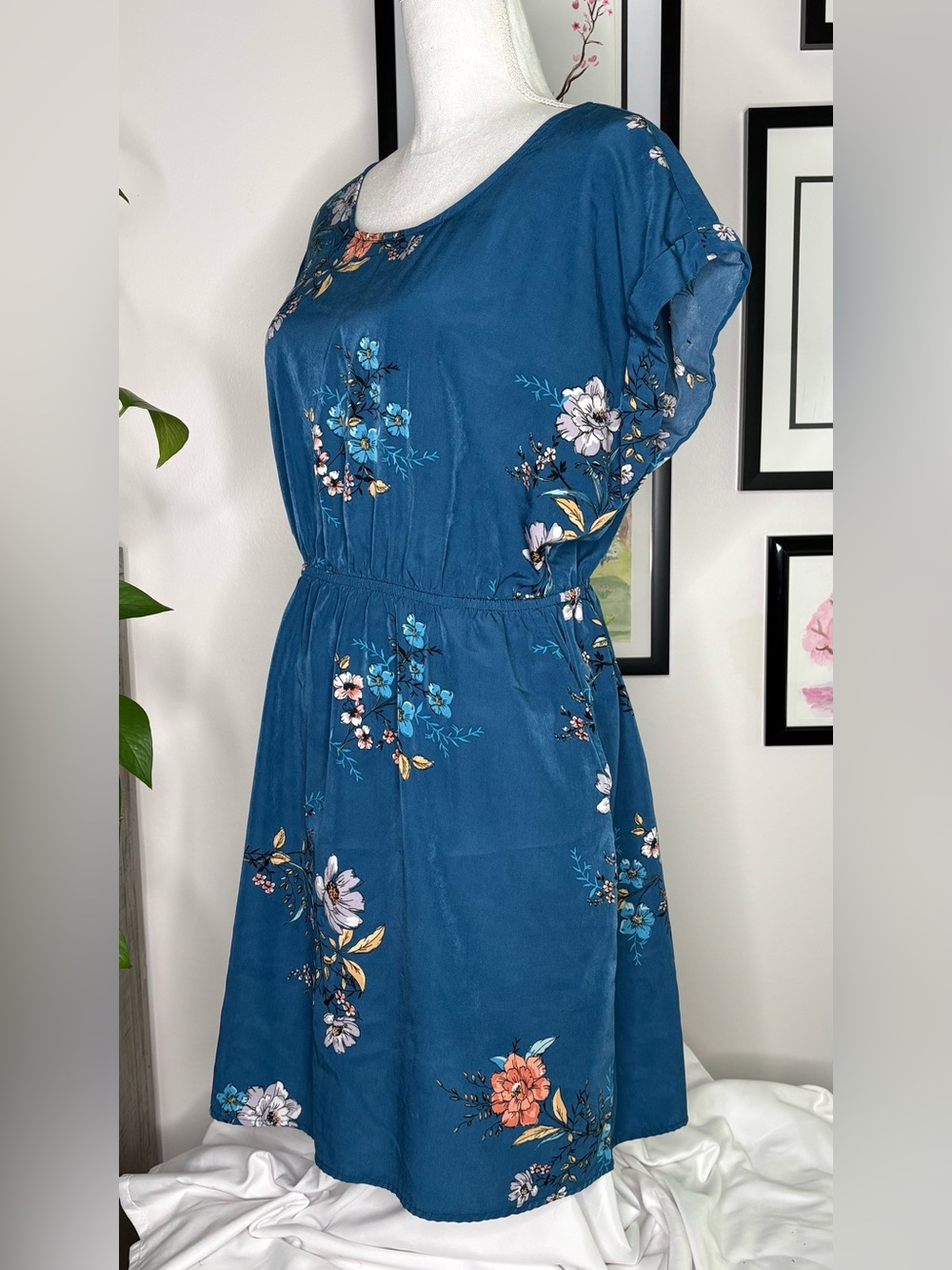 Pink Rose Shift Dress Blue Floral Round Neck Ruffle Sleeve Knee Length Size L